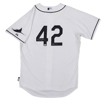 2011 James Shields Game Worn and Signed #42 Tampa Bay Rays Jackie Robinson Day Home Jersey (MLB Authenticated)
